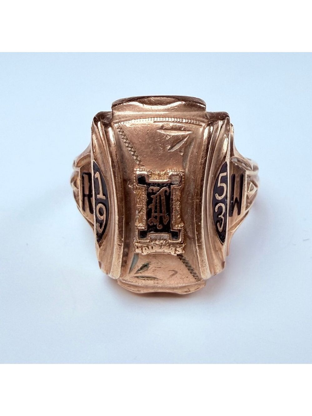 10K Solid Yellow Gold Herff Jones 1953 Mid Century Black Enamel Class VTG Ring